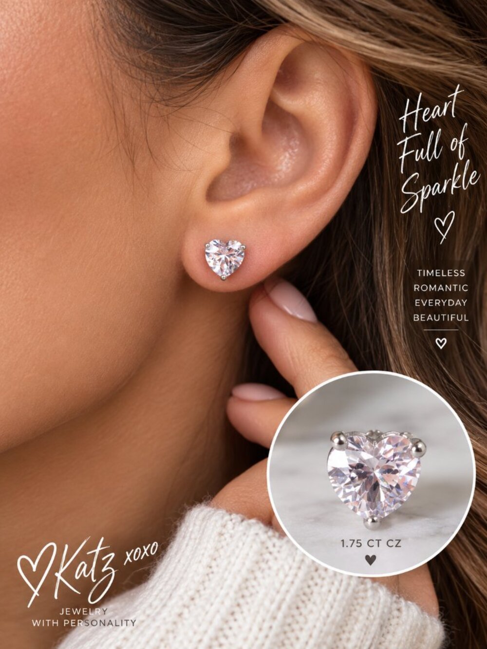 Heart CZ Stud Earrings Silver Tone Diamond Look Solitaire Romantic Jewelry 2CT